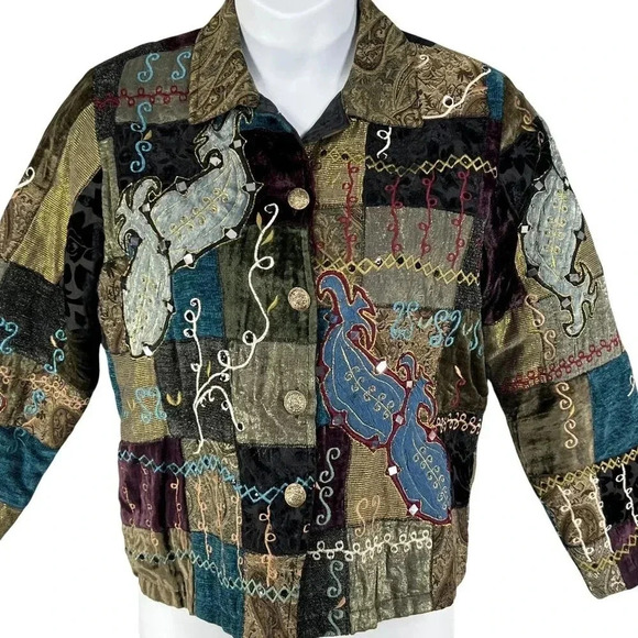Vintage Alex Kim Womens M Patchwork Velvet Jacket Art To Wear Embroidered BOHO - Picture 11 of 16